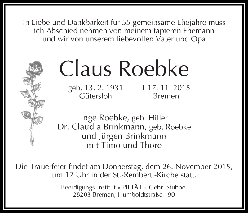 Traueranzeige von Claus Roepke von WESER-KURIER