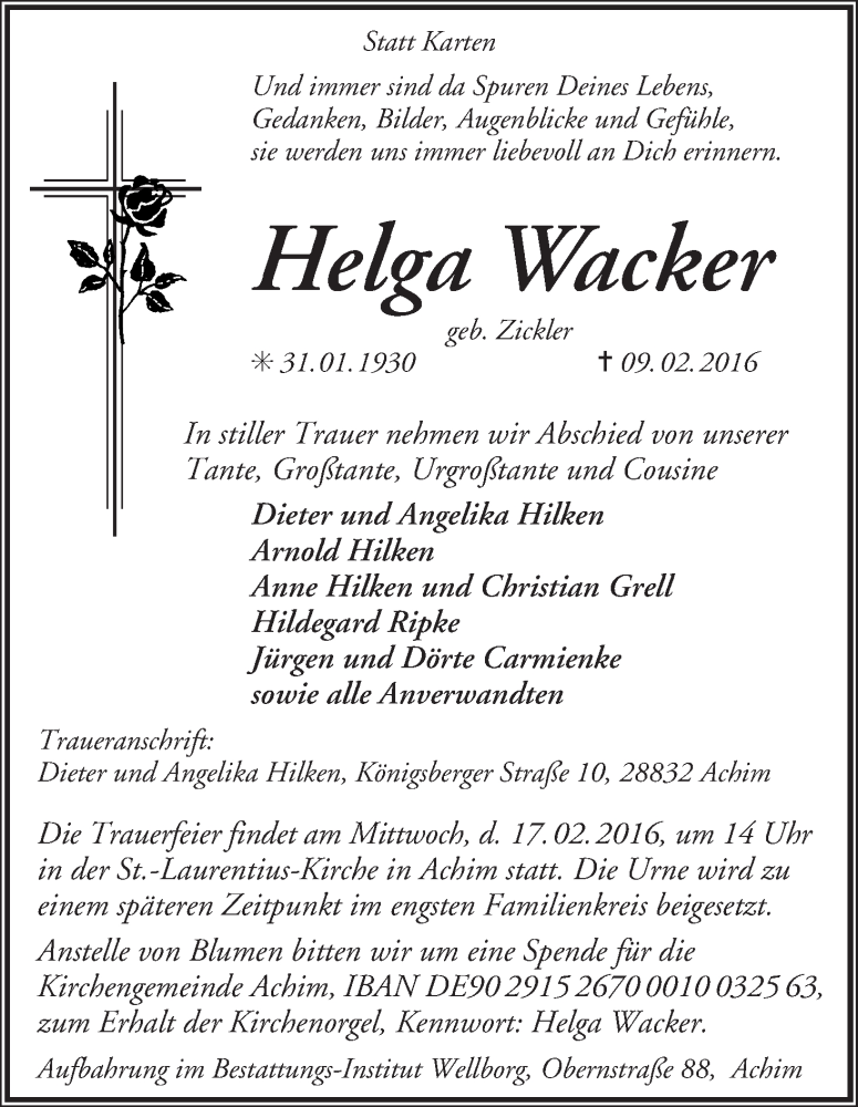 Traueranzeige von Helga Wacker von Achimer Kurier/Verdener Nachrichten