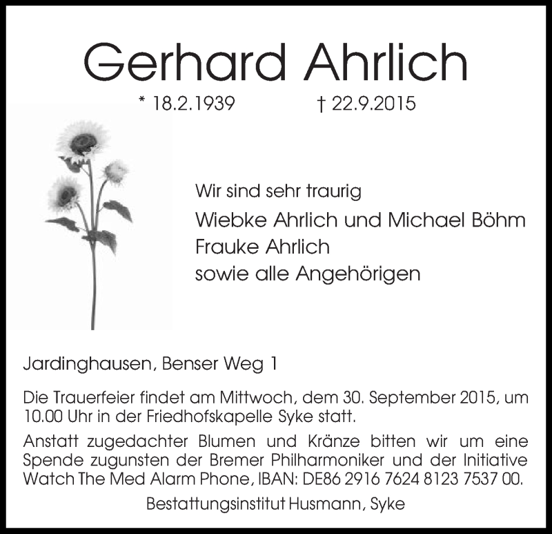 Traueranzeige von Gerhard Ahrlich von WESER-KURIER