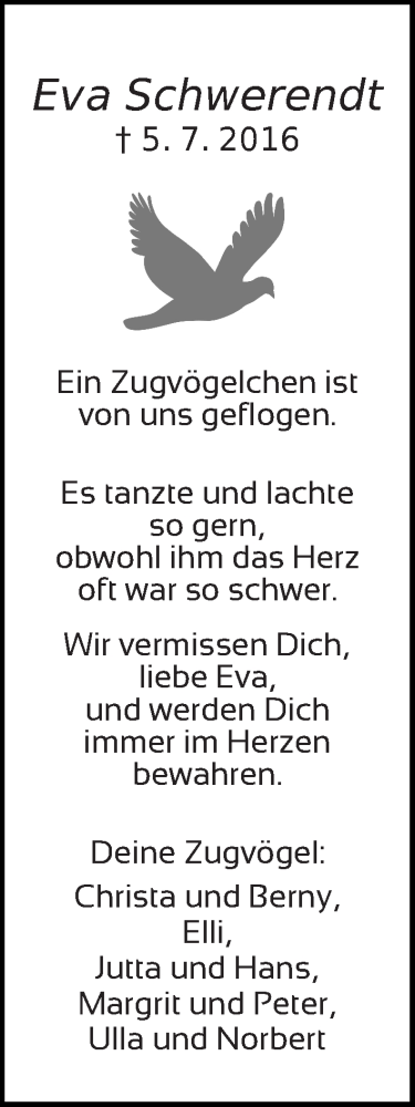 Traueranzeige von Eva Schwerendt von Die Norddeutsche