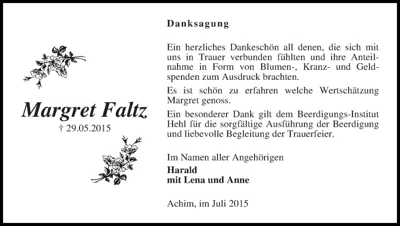 Traueranzeige von Margret Faltz von Achimer Kurier/Verdener Nachrichten