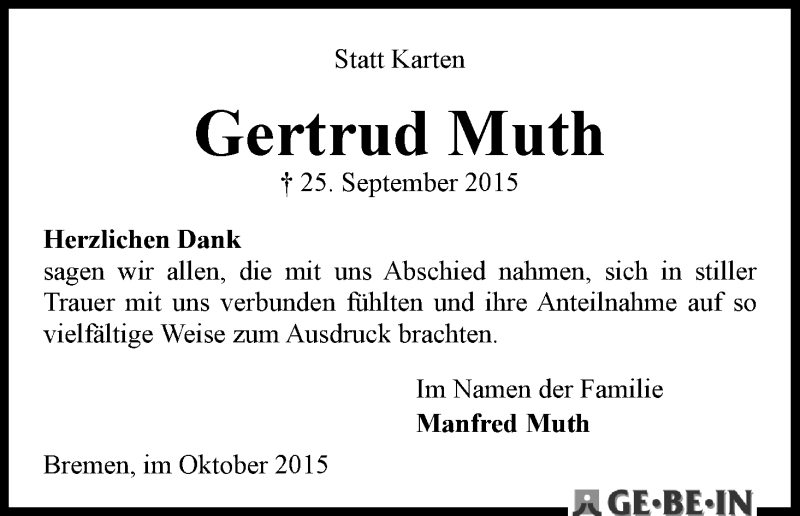 Traueranzeige von Gertrud Muth von WESER-KURIER