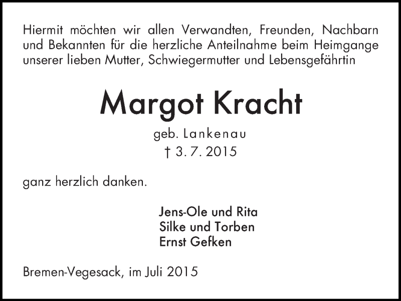 Traueranzeige von Margot Kracht von Die Norddeutsche
