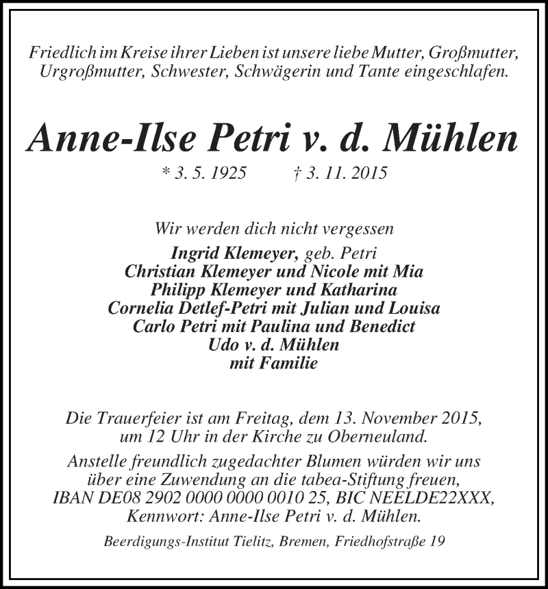 Traueranzeige von Anne-Ilse Petri v. d. Mühlen von WESER-KURIER