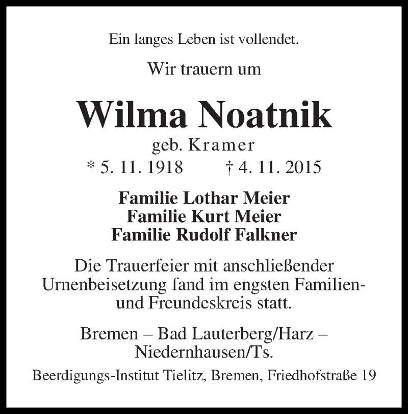 Traueranzeige von Wilma Noatnik von WESER-KURIER