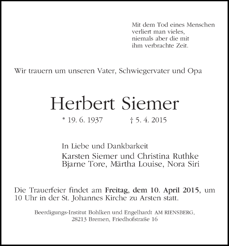 Traueranzeige von Herbert Siemer von WESER-KURIER