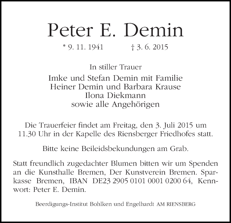 Traueranzeige von Peter E Demin von WESER-KURIER