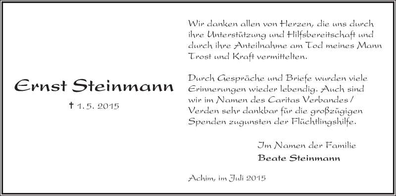 Traueranzeige von Ernst Steinmann von Achimer Kurier/Verdener Nachrichten