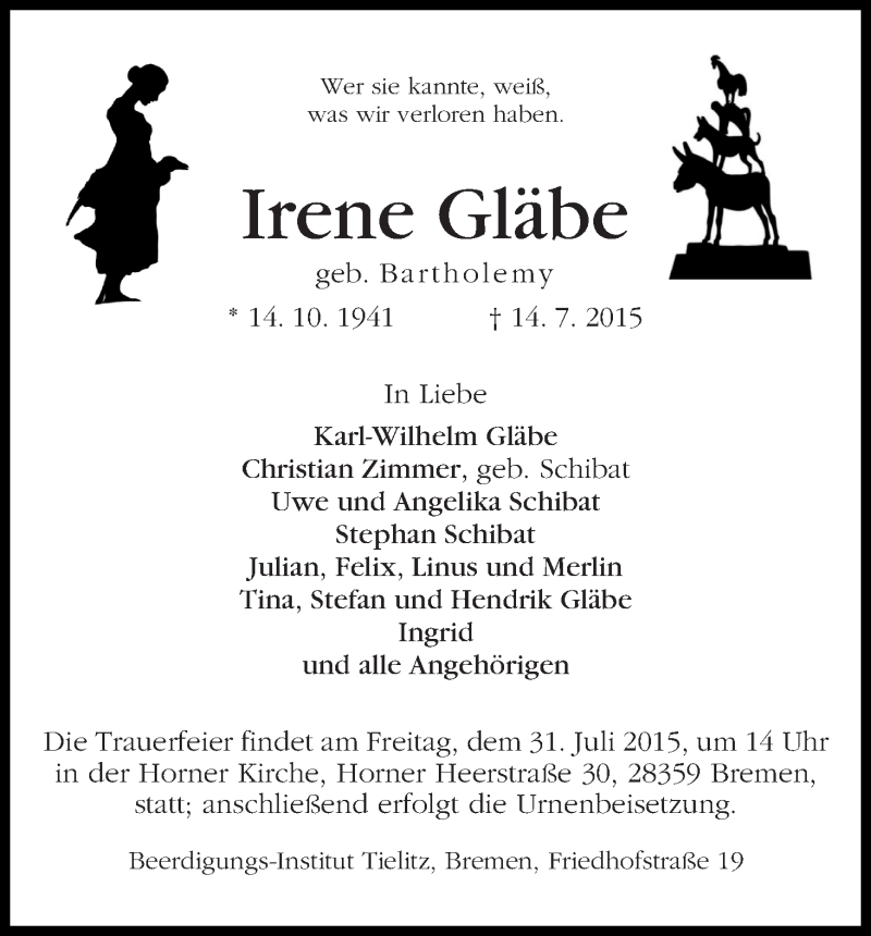 Traueranzeige von Irene Gläbe von WESER-KURIER