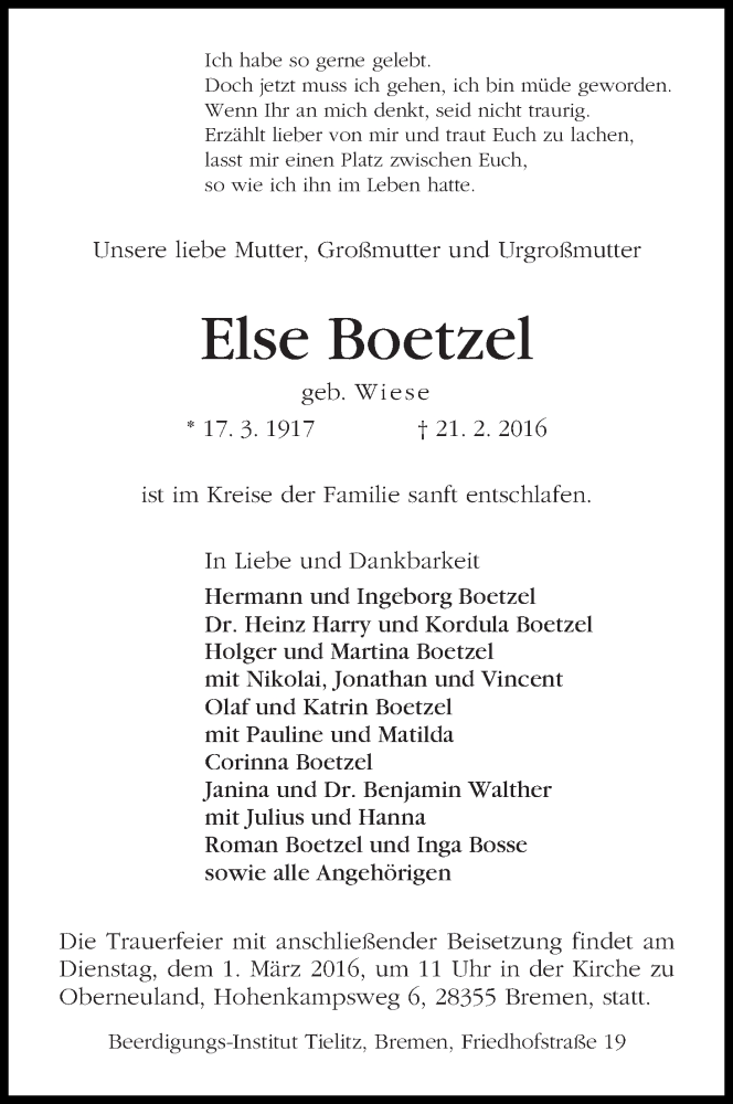 Traueranzeige von Else Boetzel von WESER-KURIER