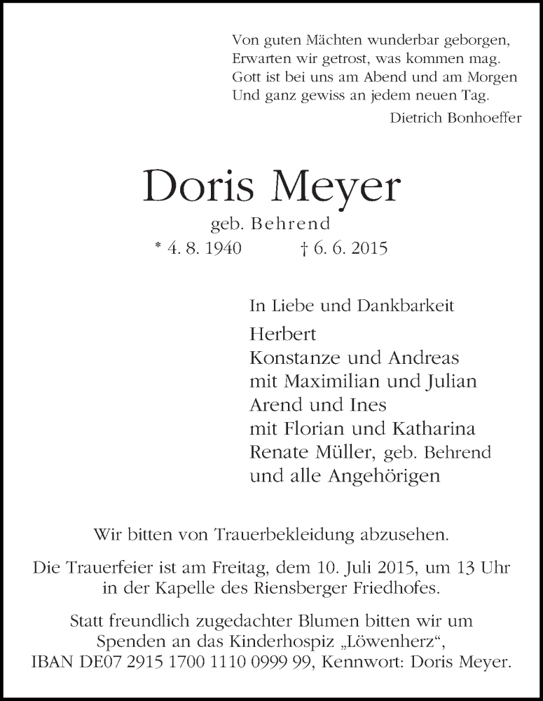 Traueranzeige von Doris Meyer von WESER-KURIER