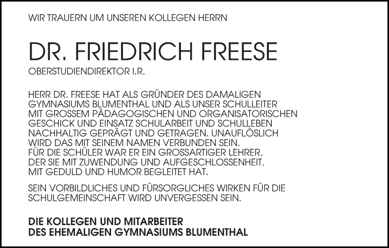 Traueranzeige von Friedrich Freese von Die Norddeutsche