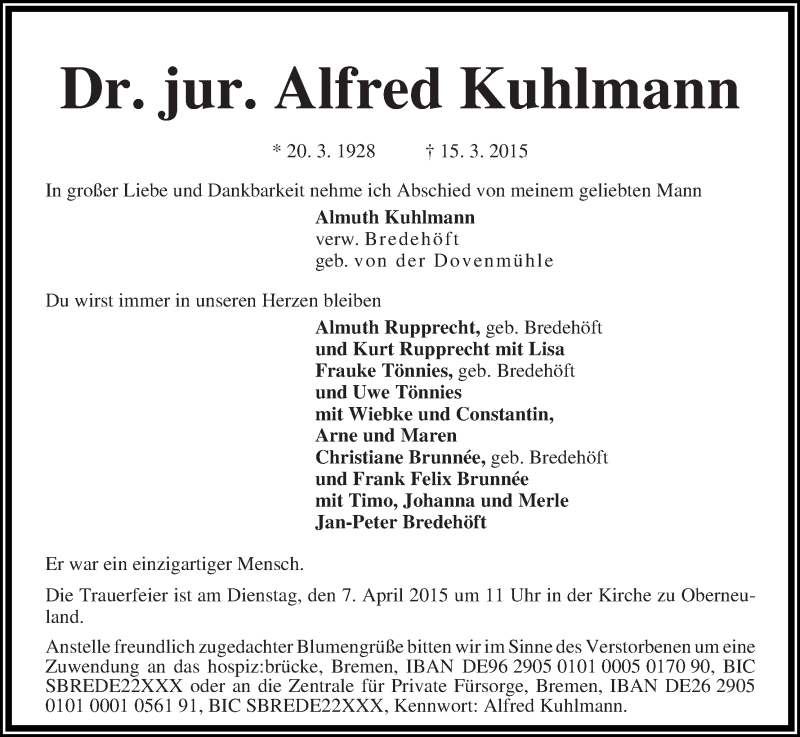 Traueranzeige von Alfred Kuhlmann von WESER-KURIER