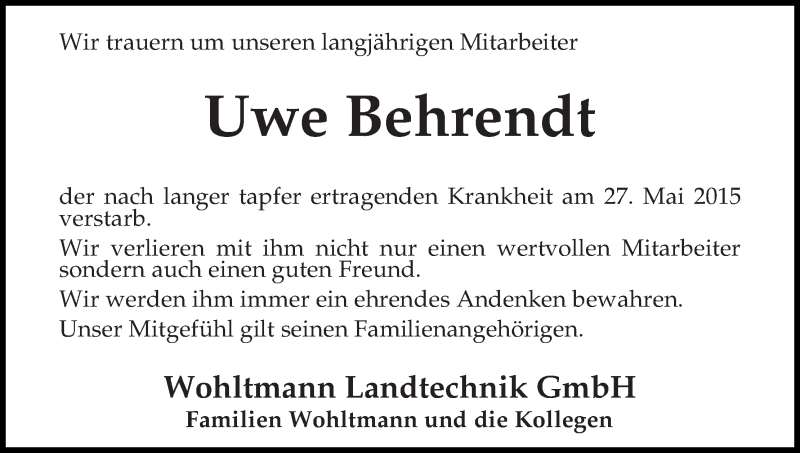Traueranzeige von Uwe Behrendt von Osterholzer Kreisblatt