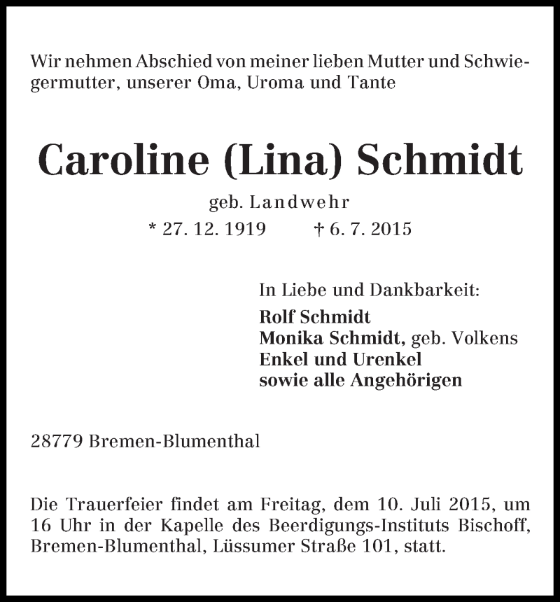 Traueranzeige von Caroline Schmidt von Die Norddeutsche