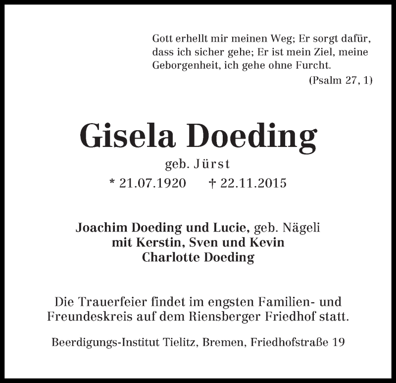 Traueranzeige von Gisela Doeding von WESER-KURIER