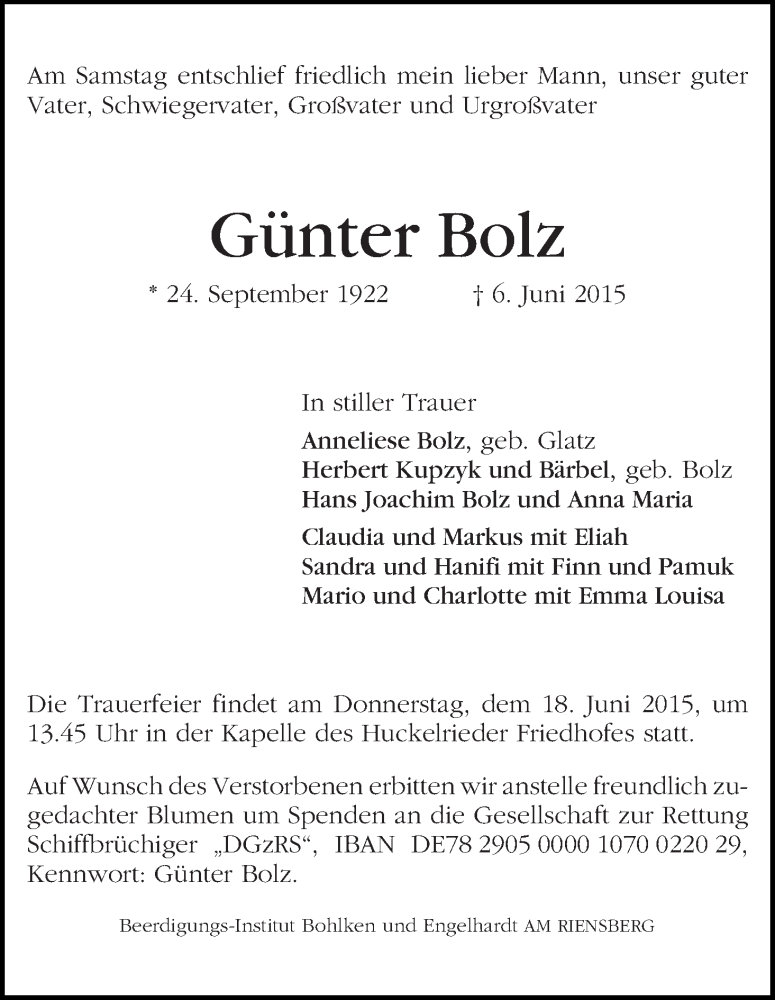 Traueranzeige von Günter Bolz von WESER-KURIER