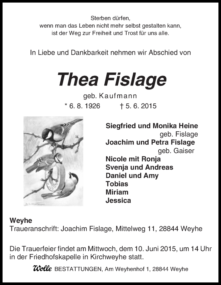 Traueranzeige von Thea Fislage von Regionale Rundschau/Syker Kurier