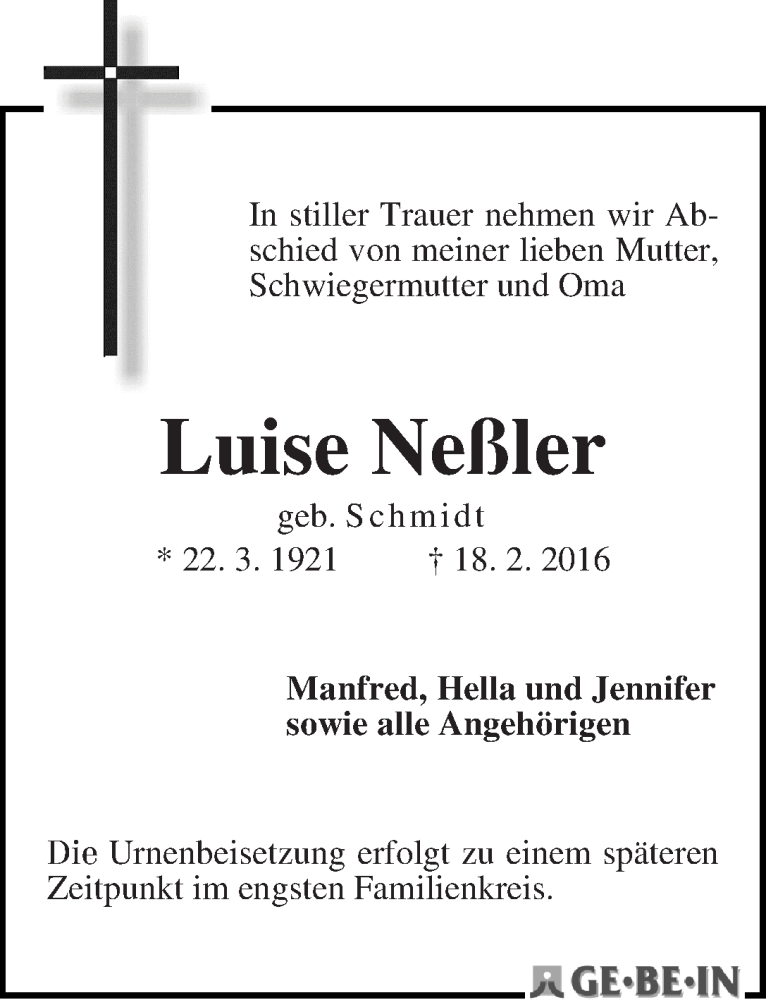 Traueranzeige von Luise Neßler von WESER-KURIER