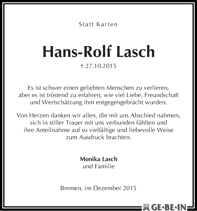 Traueranzeige von Hans-Rolf Lasch von WESER-KURIER