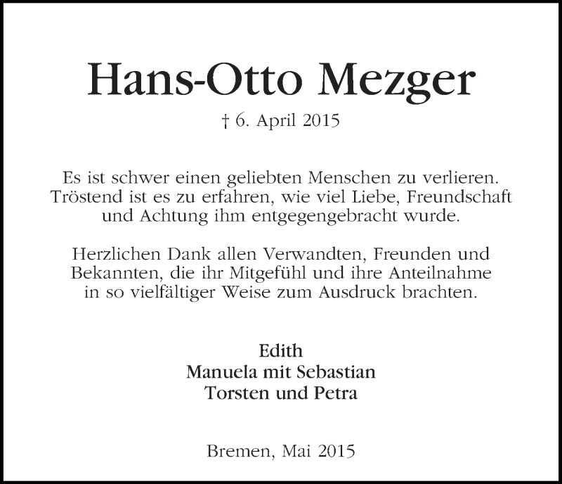 Traueranzeige von Hans-Otto Mezger von WESER-KURIER
