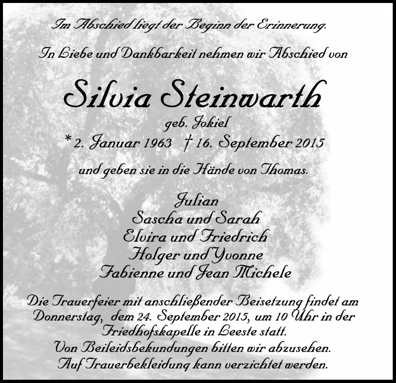 Traueranzeige von Silvia Steinwarth von WESER-KURIER
