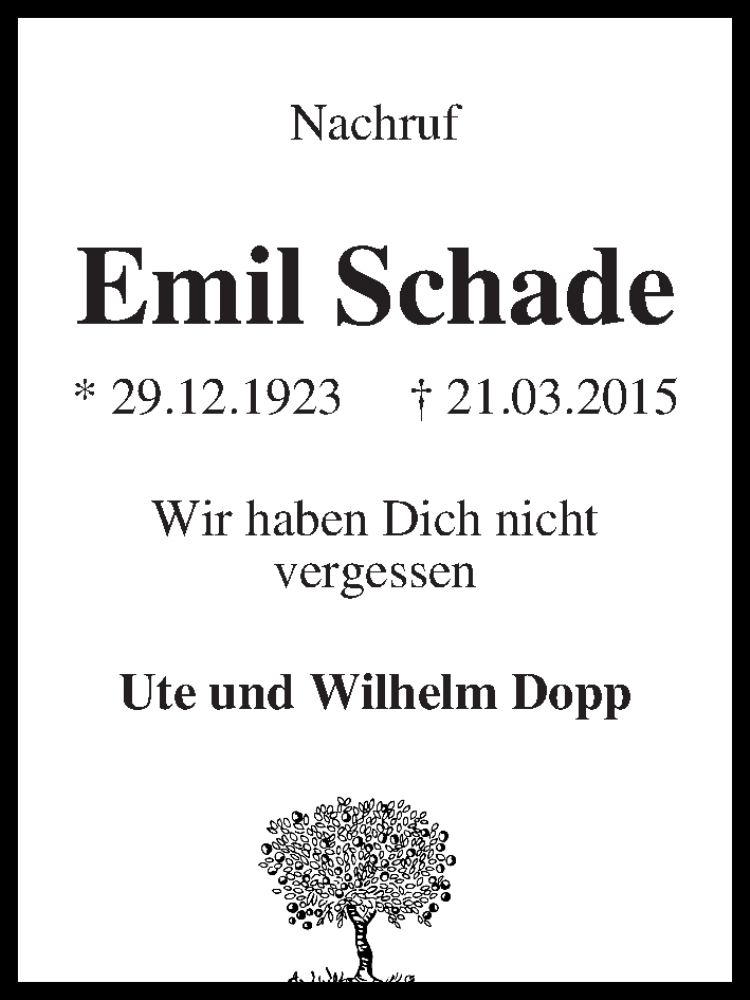 Traueranzeige von Emil Schade von WESER-KURIER