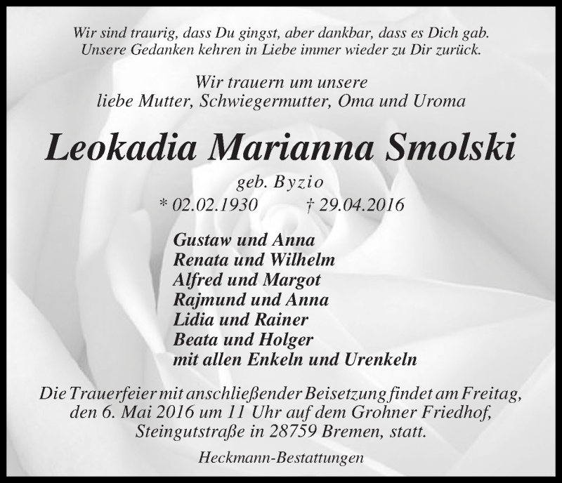 Traueranzeige von Leokadia Marianna Smolski von WESER-KURIER