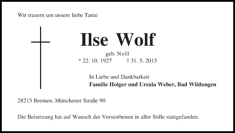 Traueranzeige von Ilse Wolf von WESER-KURIER