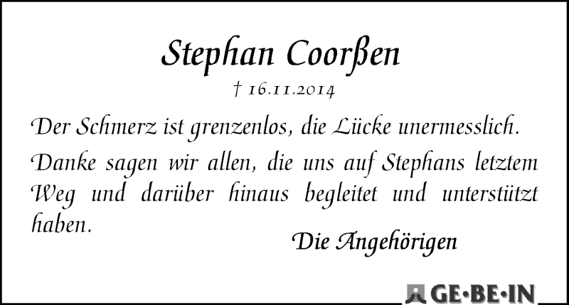 Traueranzeige von Stephan Coorßen von WESER-KURIER