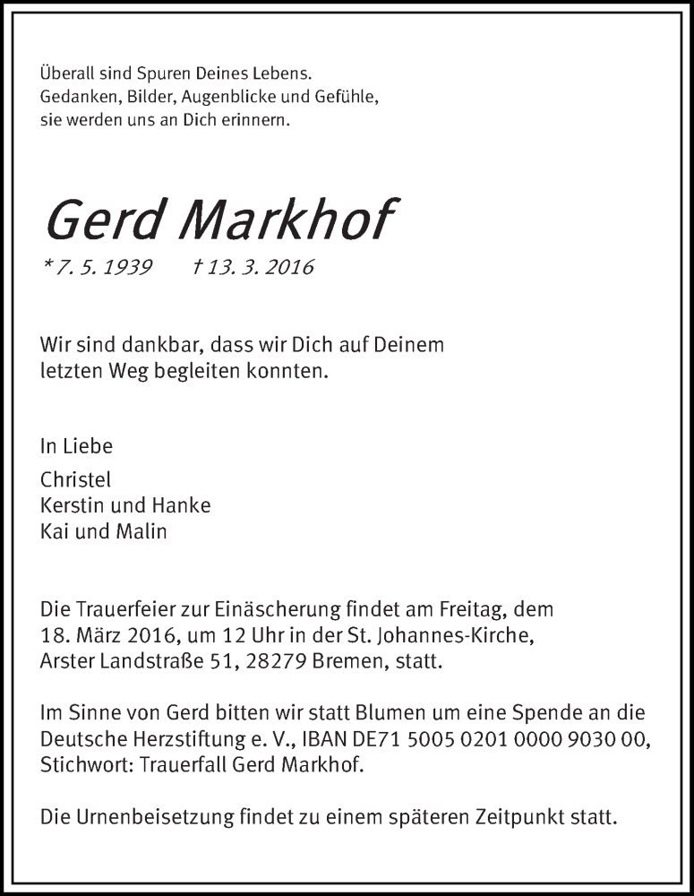 Traueranzeige von Gerd Markhof von WESER-KURIER