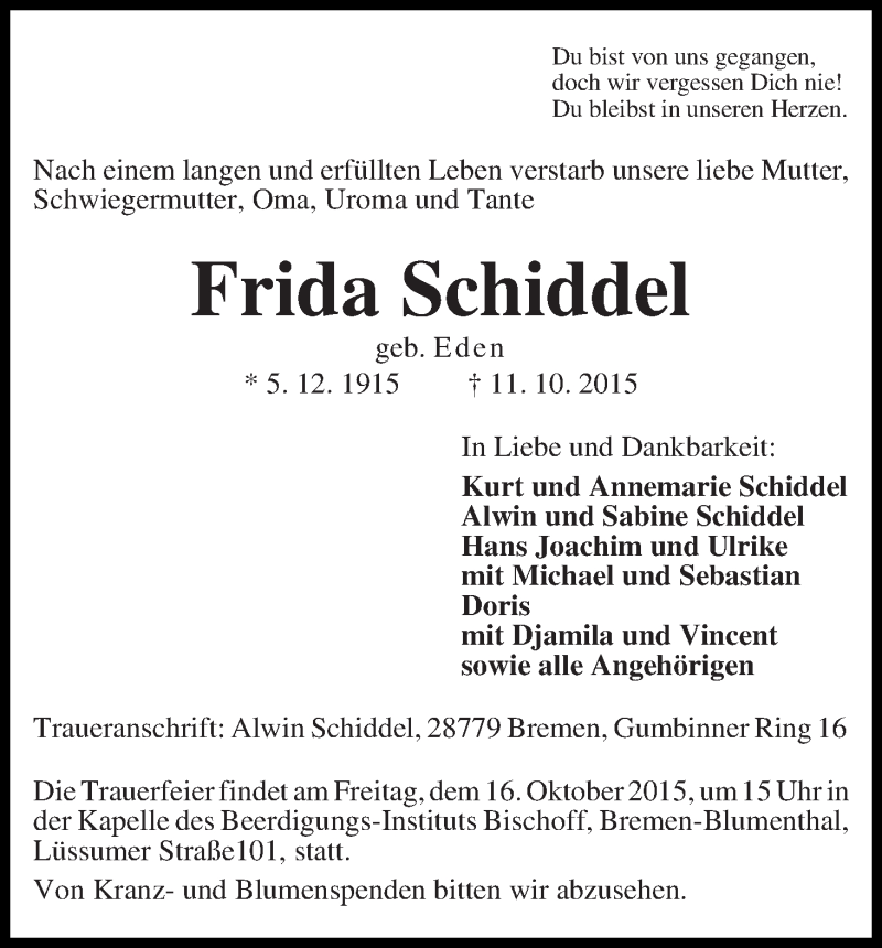 Traueranzeige von Frida Schiddel von Die Norddeutsche