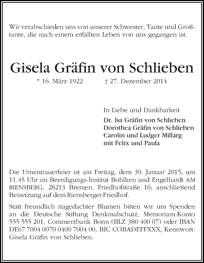 Traueranzeige von Gisela Gräfin von Schlieben von WESER-KURIER