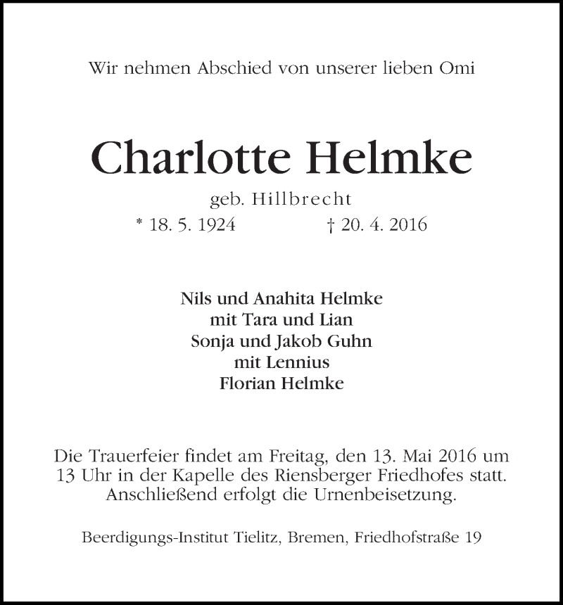 Traueranzeige von Charlotte Helmke von WESER-KURIER