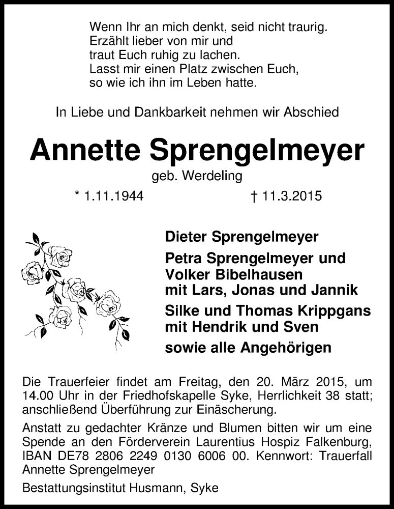 Traueranzeige von Annette Sprengelmeyer von WESER-KURIER