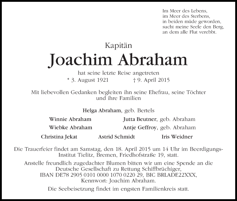 Traueranzeige von Joachim Abraham von WESER-KURIER