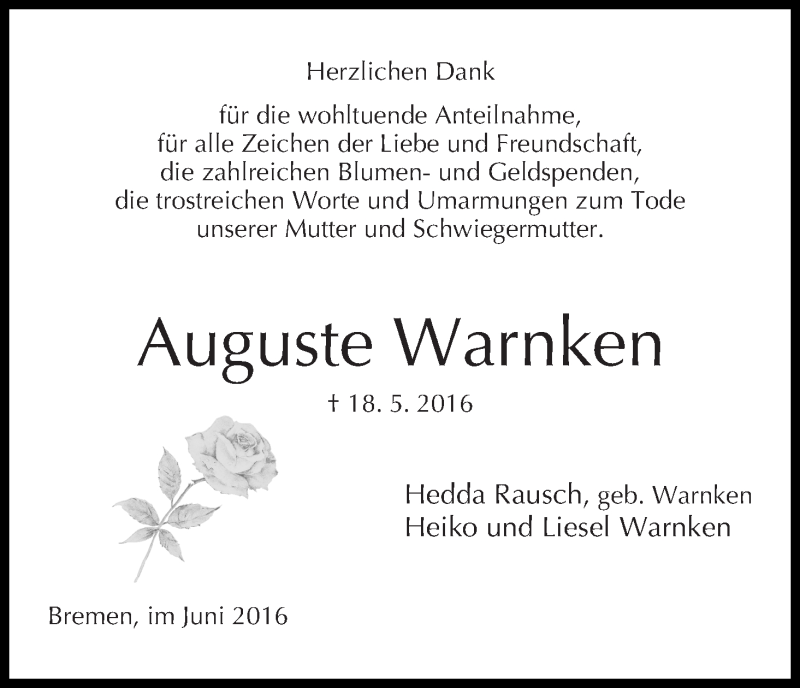 Traueranzeige von Auguste Warnken von WESER-KURIER