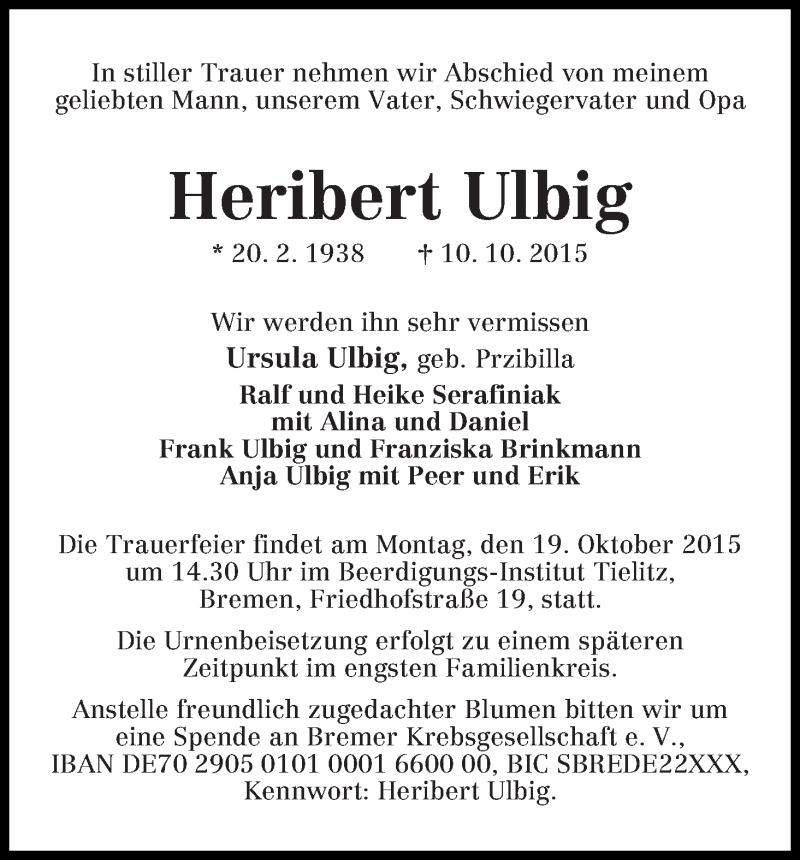 Traueranzeige von Heribert Ulbig von WESER-KURIER