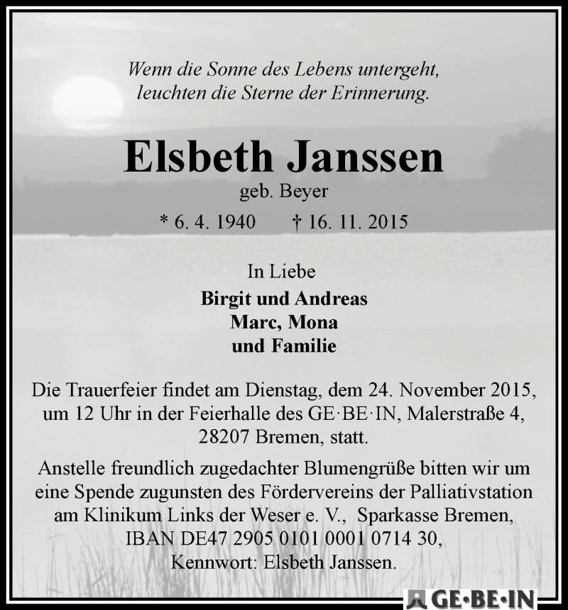 Traueranzeige von Elsbeth Janssen von WESER-KURIER