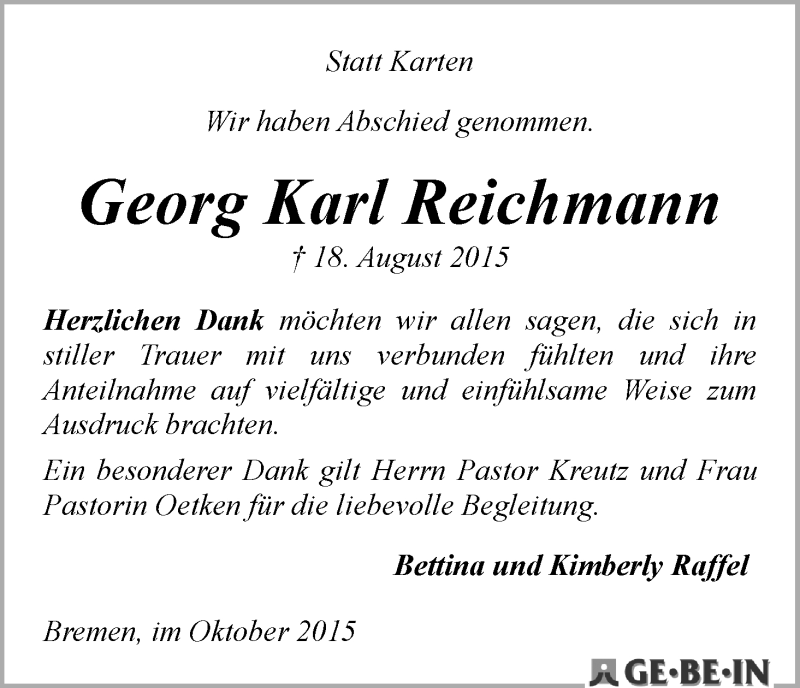 Traueranzeige von Georg Karl Reichmann von WESER-KURIER