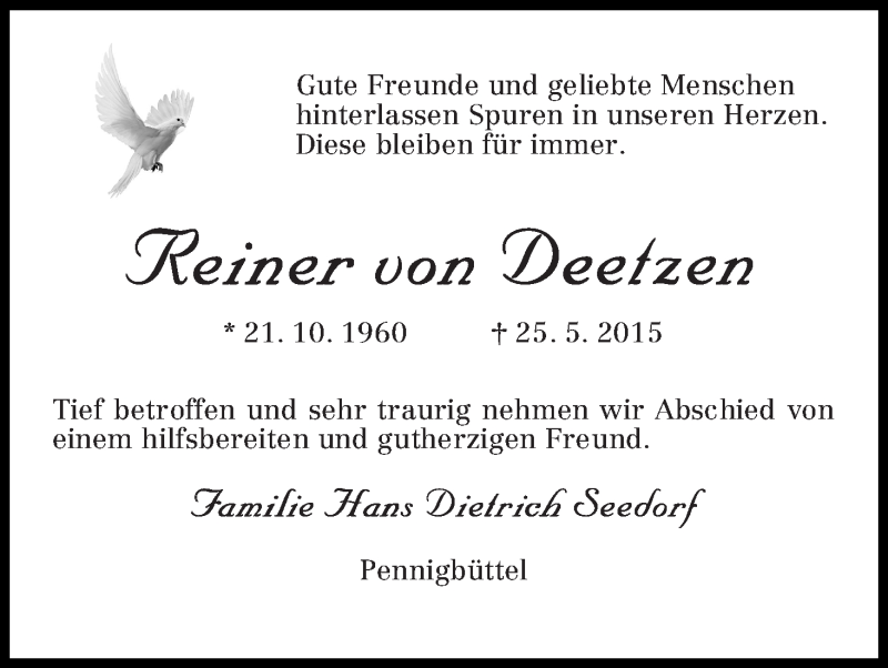 Traueranzeige von Reiner von Deetzen von Osterholzer Kreisblatt