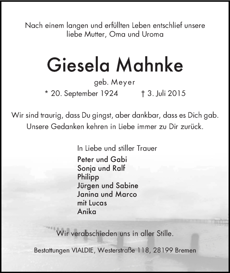 Traueranzeige von Giesela Mahnke von WESER-KURIER