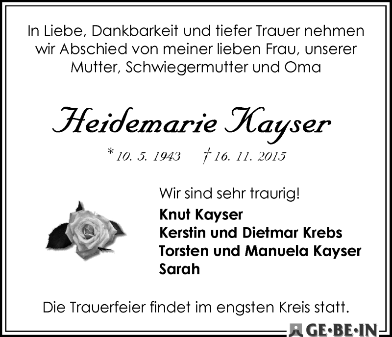 Traueranzeige von Heidemarie Kayser von WESER-KURIER