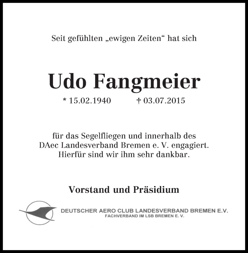 Traueranzeige von Udo Fangmeier von WESER-KURIER
