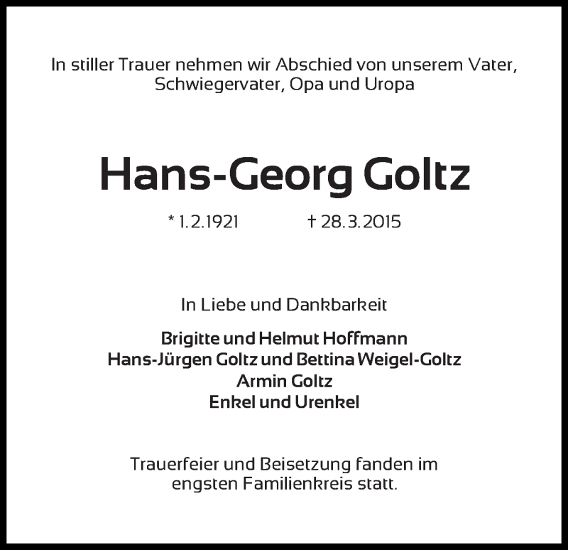 Traueranzeige von Hans-Georg Goltz von WESER-KURIER