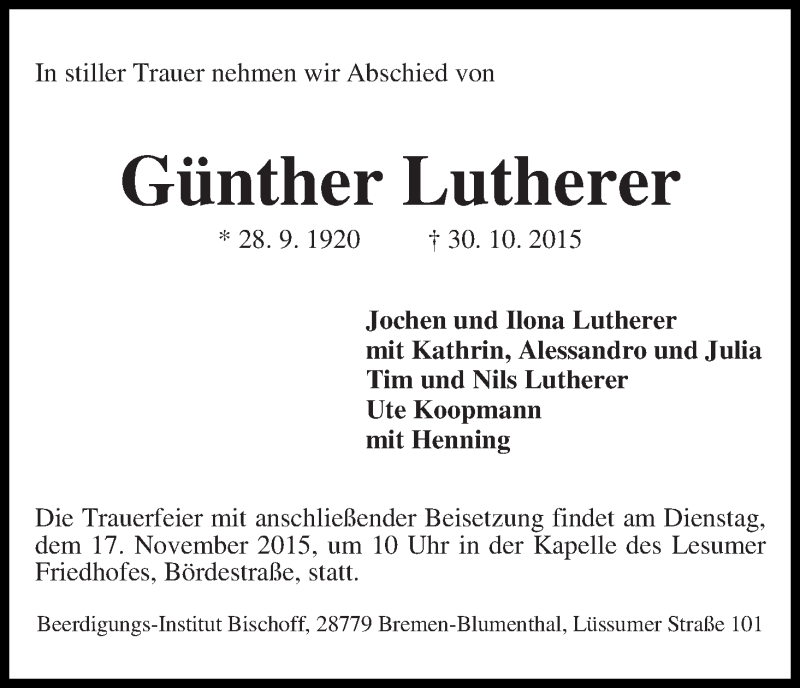 Traueranzeige von Günther Lutherer von Die Norddeutsche