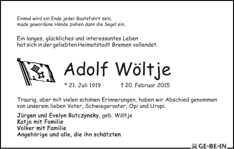Traueranzeige von Adolf Wöltje von WESER-KURIER
