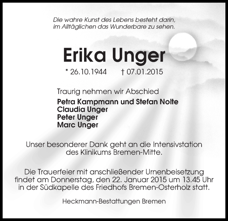 Traueranzeige von Erika Unger von Die Norddeutsche