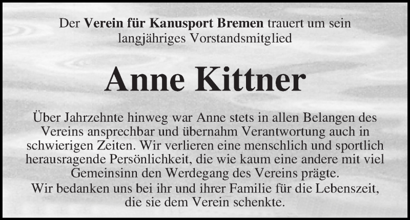 Traueranzeige von Anne Kittner von WESER-KURIER