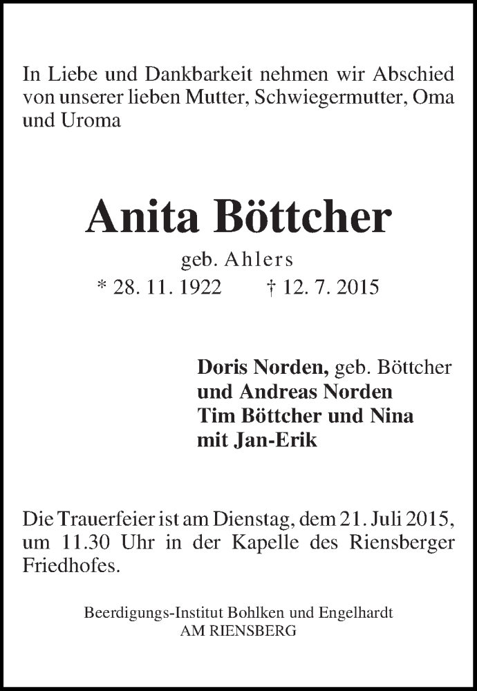 Traueranzeige von Anita Böttcher von WESER-KURIER
